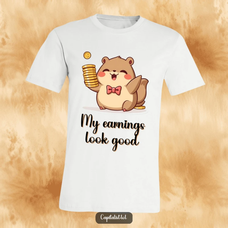 Funny t-shirt featuring a plump, brown animal wearing a tiny bowtie, excitedly holding a stack of stylized coins, looking affluent.