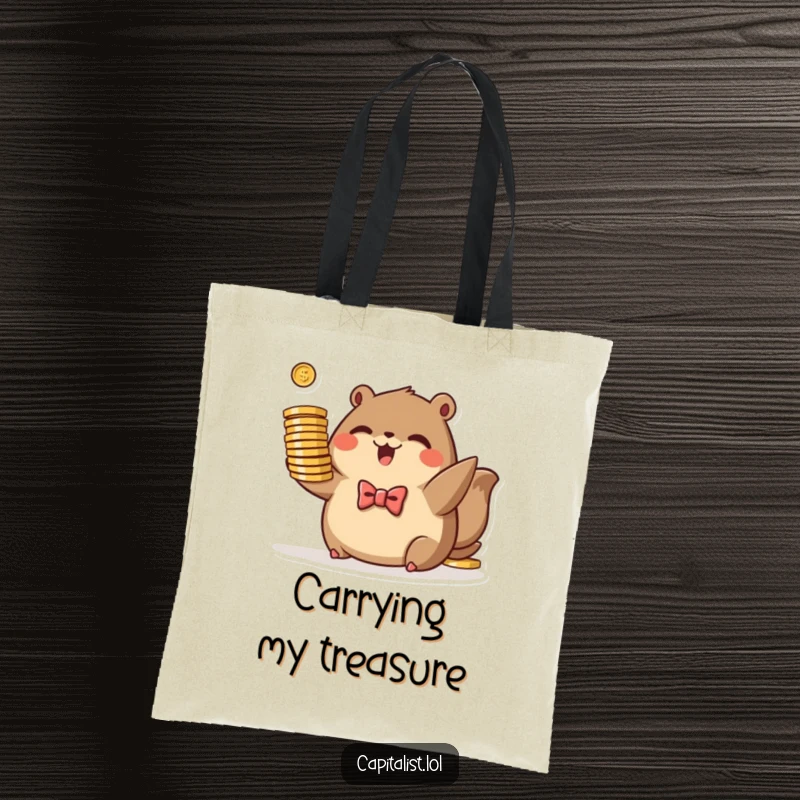 Funny tote bag showing a plump, brown animal wearing a tiny bowtie, excitedly holding a stack of stylized coins, for financial transport.