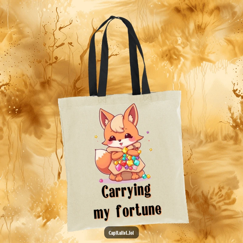 Funny tote bag featuring an energetic fox sprite with massive, overflowing bags of dazzling gems, illustrating a love for riches and energy.