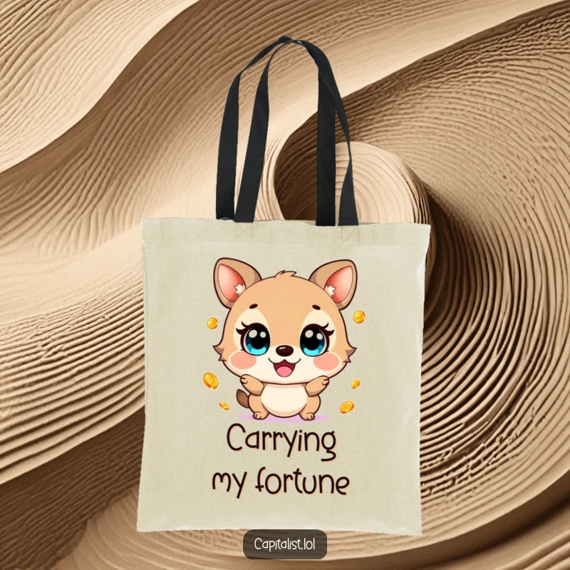 Funny tote bag depicting a cheerful animal with wide eyes, gleefully juggling small, shimmering gold coins, ideal for stylish and humorous carrying.