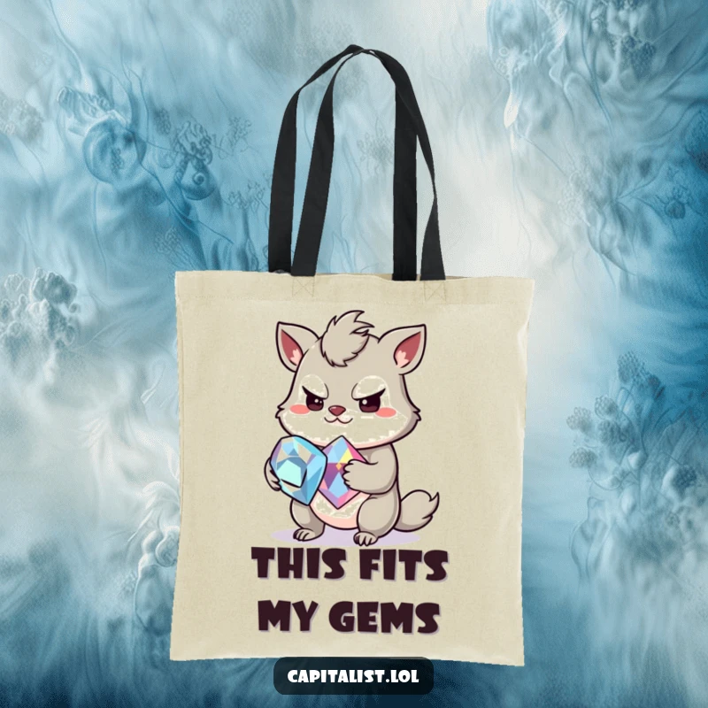 Funny tote bag depicting a slightly greedy animal with a mischievous grin, clutching a large, sparkling gemstone, for stylish and humorous carrying of valuables.
