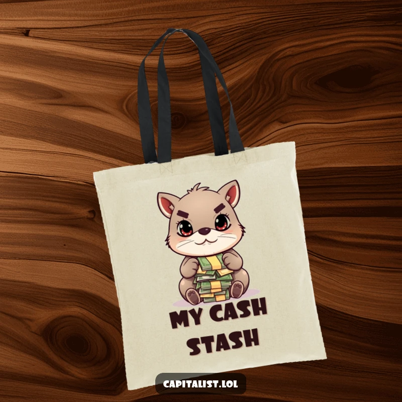Funny tote bag depicting a determined animal with a focused gaze, counting a pile of colorful bills, for stylish and humorous carrying of essentials.