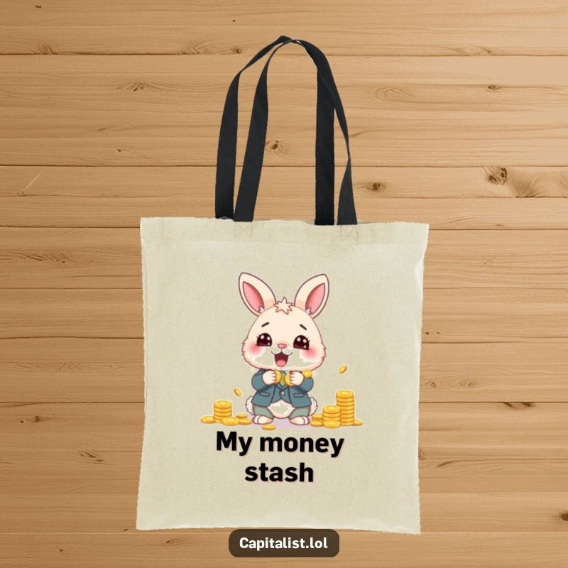 Funny tote bag with a fluffy bunny in a suit, gleefully counting a mountain of coins, perfect for the financially savvy and humor-loving.