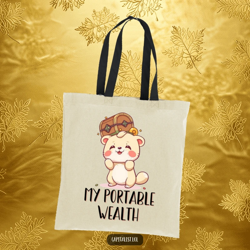 Funny tote bag depicting a playful animal attempting to balance a tiny, overflowing treasure chest on its head, for stylish and humorous carrying.